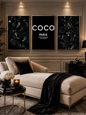 🖤 Gallery Wall Art Set of 3 | Coco Paris Black Rose Prints | Quiet Luxury Decor